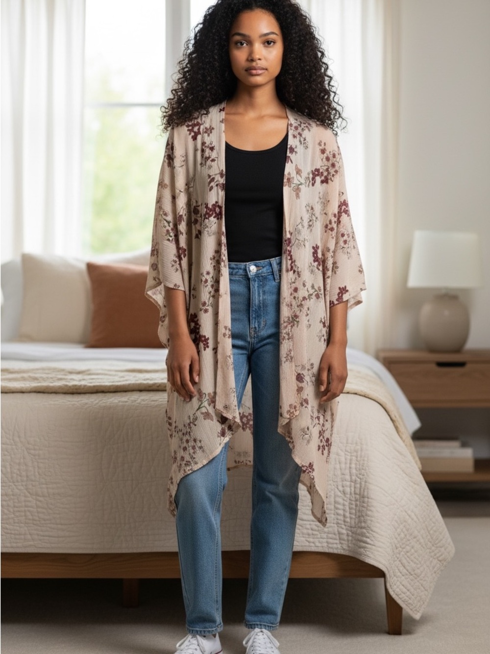 Patrons of Peace Beige Floral Kimono with Burgundy Flowers